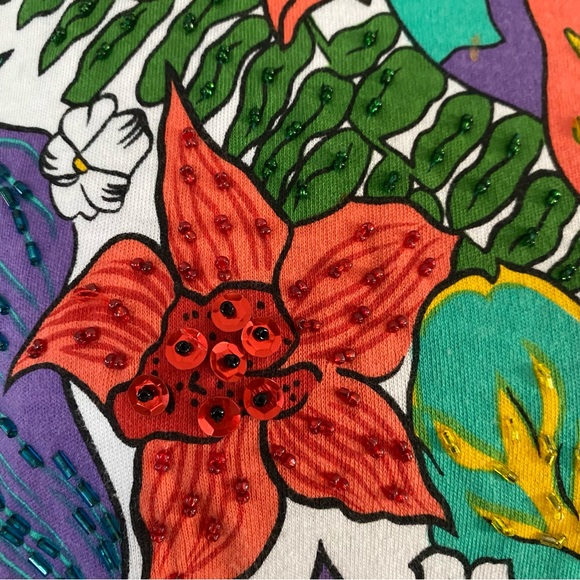 Vintage Victoria Harbour Tropical Foliage & Flower Sequin Beaded Graphic Shirt - Picture 4 of 9